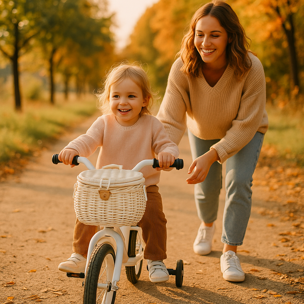 Panier velo enfant avec maman campagne