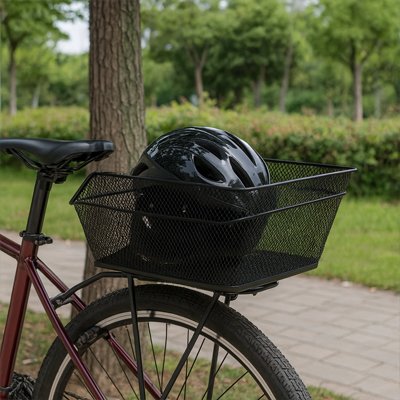 casque dans panier vélo arrière