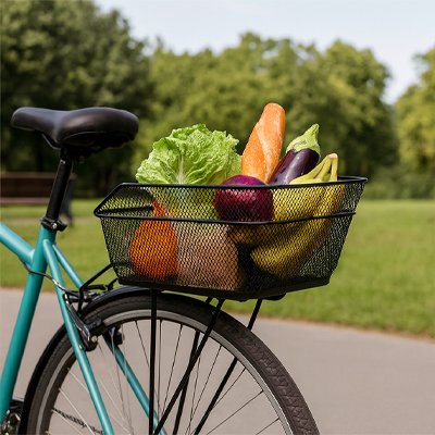 courses alimentaires dans panier vélo arrière