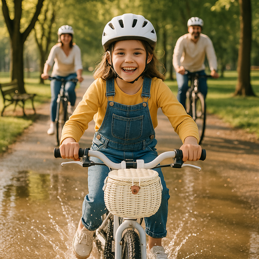panier velo enfant fillette avec parents parc flaque