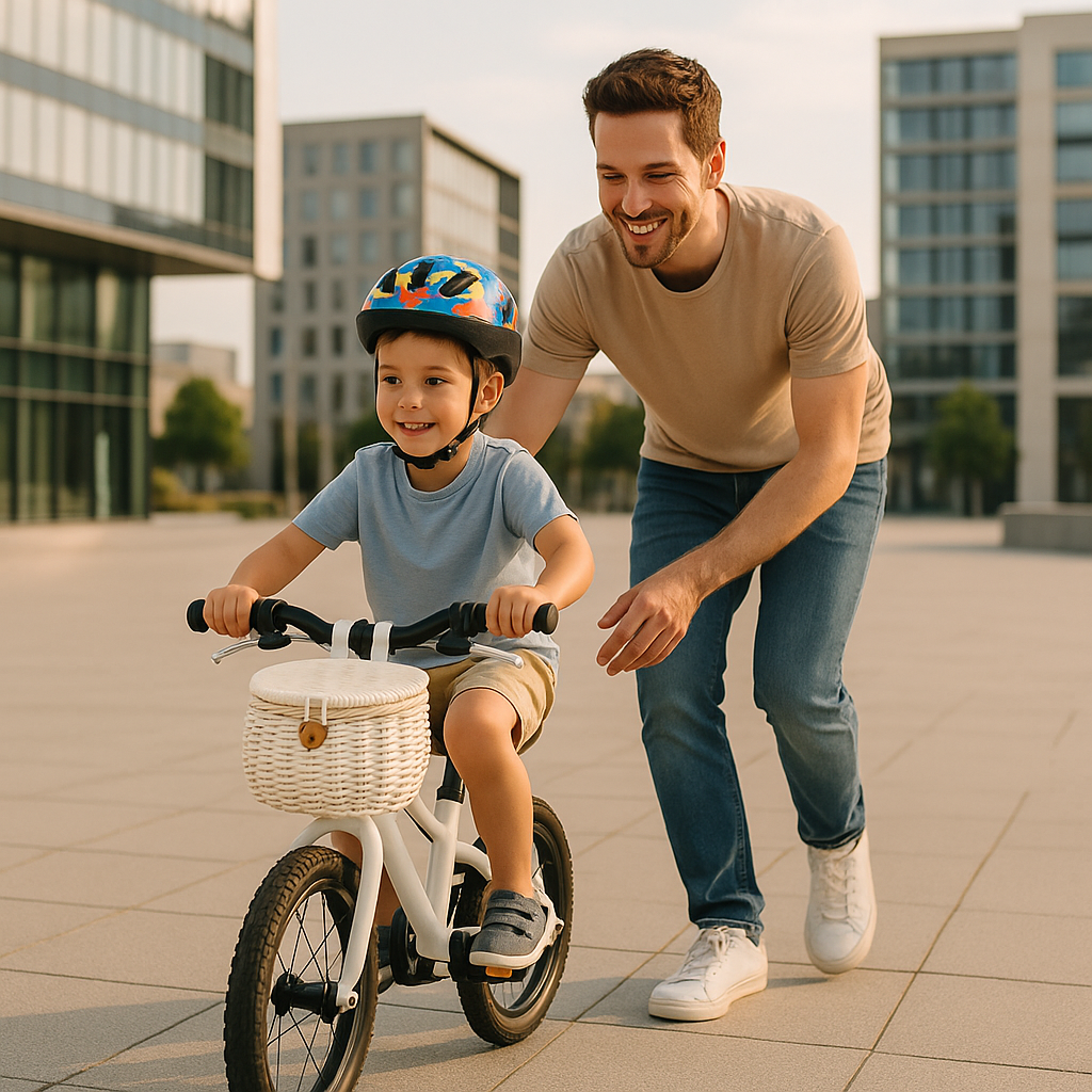 panier velo enfant papa sécurisant apprentissage fils vélo
